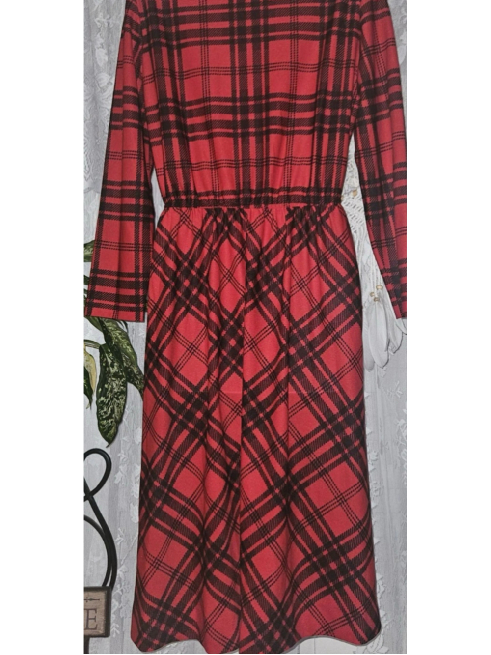 Vintage Herman Marcus Red Tartan Plaid Bow Midi Dress XS USA Made - Picture 2 of 10